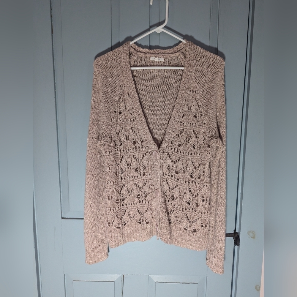 🩷 Pink Sweater XL cardigan button lace knit mauve pink Gramma Core Lagenlook